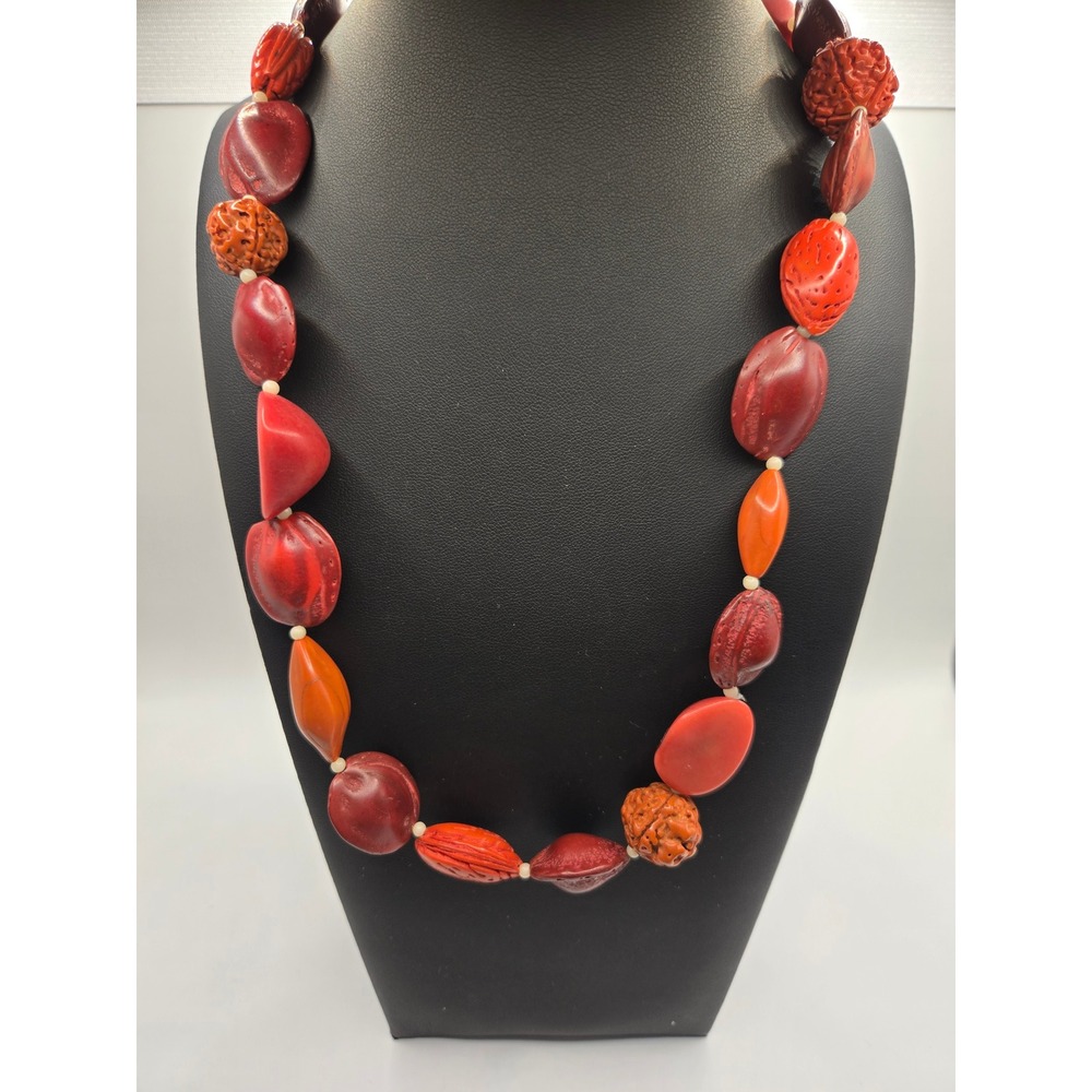 Vintage Natural Organic Seed Carved Nut Bead Necklace Terracotta Red Boho 34in